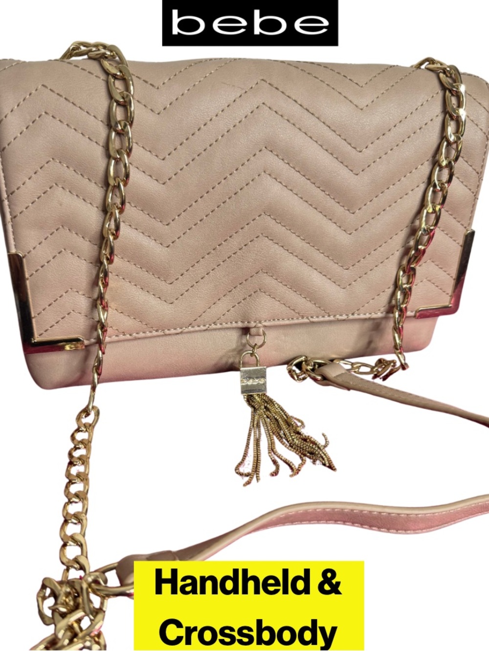BEBE 🤍 Chevron Quilted Crossbody & Handheld Bag in Light Taupe, Gold Chains